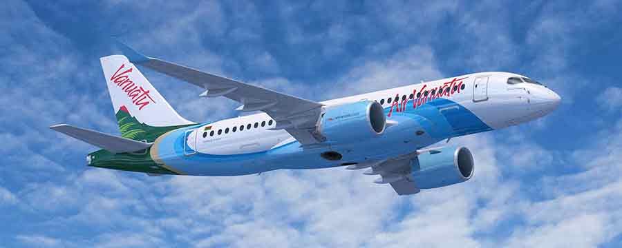 Air Vanuatu airplane flying in a cloudy blue sky