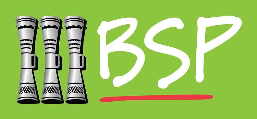 BSP logo with three silver drums and a red line