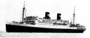 The Elwood J Euart ship, a large ocean liner with two smokestacks.