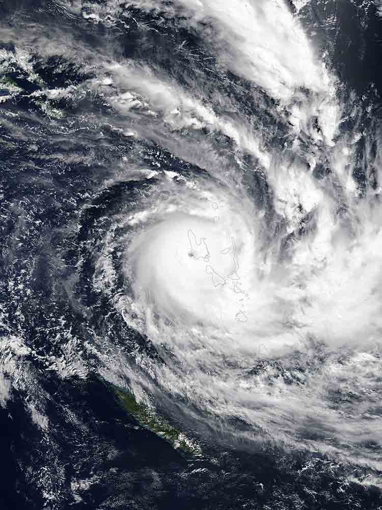 Satellite view of Cyclone Harold, a powerful tropical storm swirling over the Pacific Ocean.