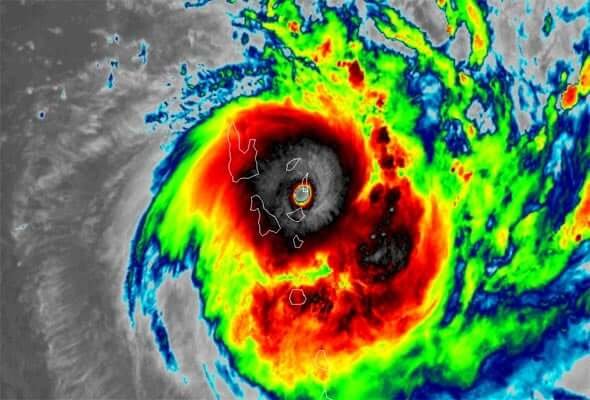 Satellite image of Cyclone Harold showing a powerful storm system over islands