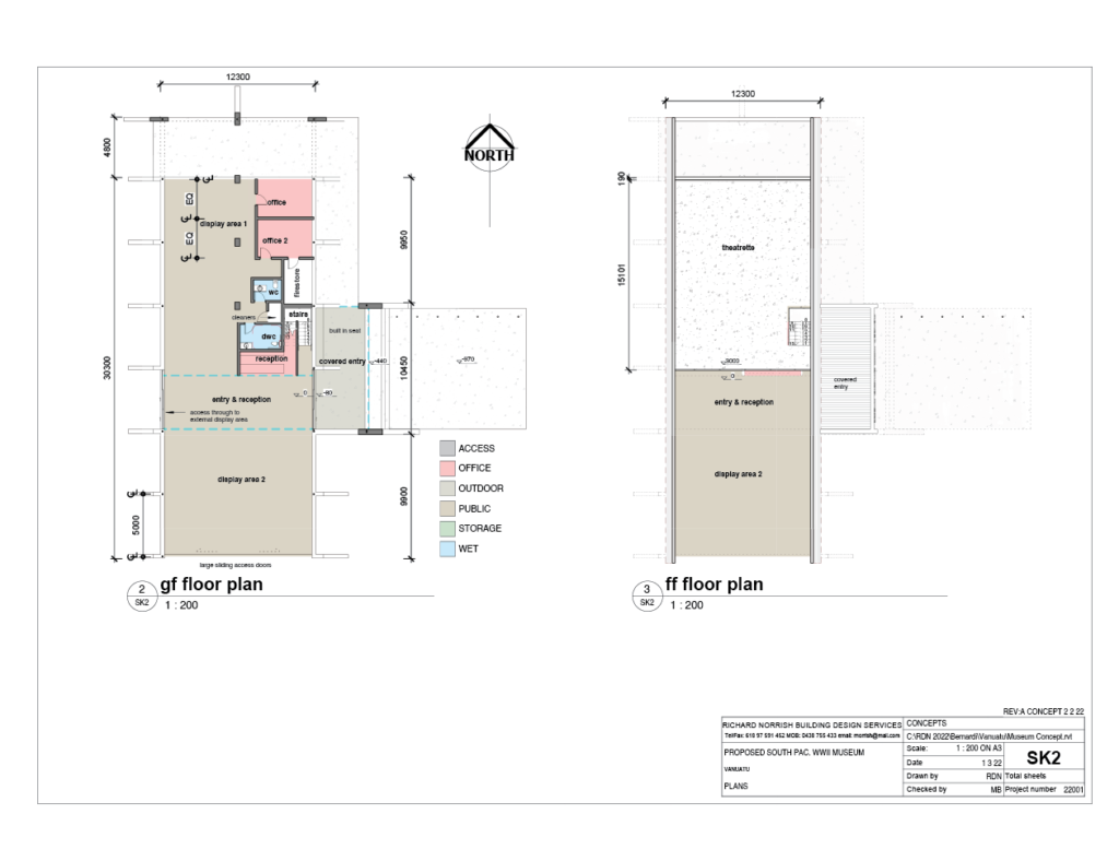 South Pacific Museum concept floor plans: ground floor and first floor layouts.