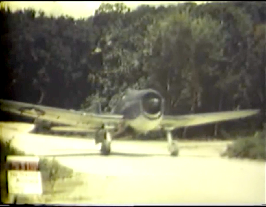 Grumman F6F Hellcat airplane on a tarmac with trees in the background.